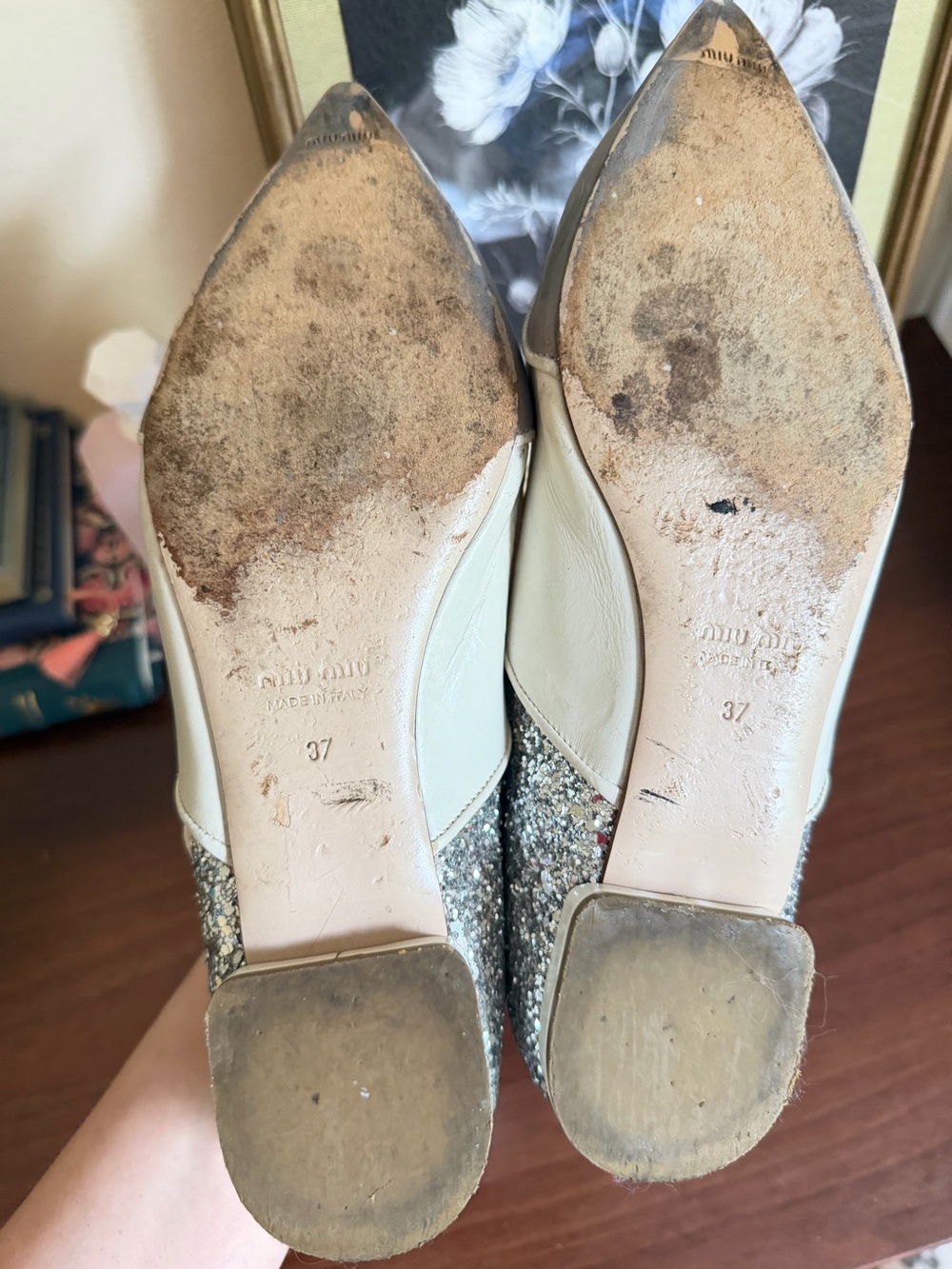 Miu Miu Mary Jane Sparkle White Gray Leather Ballet Flats | Size 7 - Picture 9 of 9